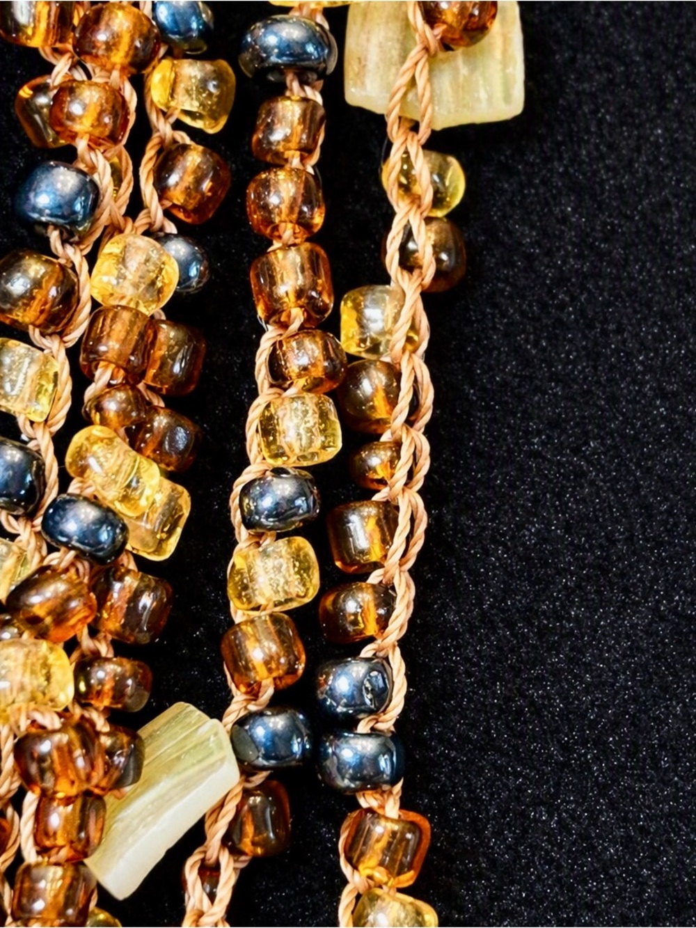 Boho Multi‑Strand amber/blue/seashell Beaded Necklace – 24”